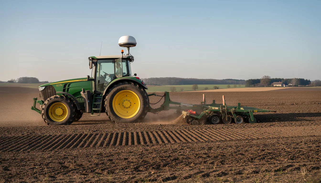 An agricultural tractor is actively working in a field, equipped with a visible GPS antenna that enhances its precision farming capabilities. This setup utilizes GPS technology to ensure accurate location data, improving the efficiency of agricultural tasks through reliable GPS tracking.
