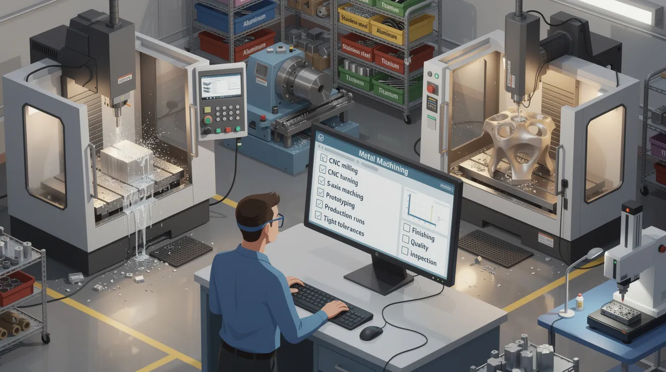 The image depicts a modern CNC machining facility equipped with advanced CNC machines, showcasing precision components being fabricated for the aerospace and medical sectors. It highlights the importance of reliable CNC machining services, quality control measures, and inspection methods to ensure exceptional accuracy and adherence to project requirements.