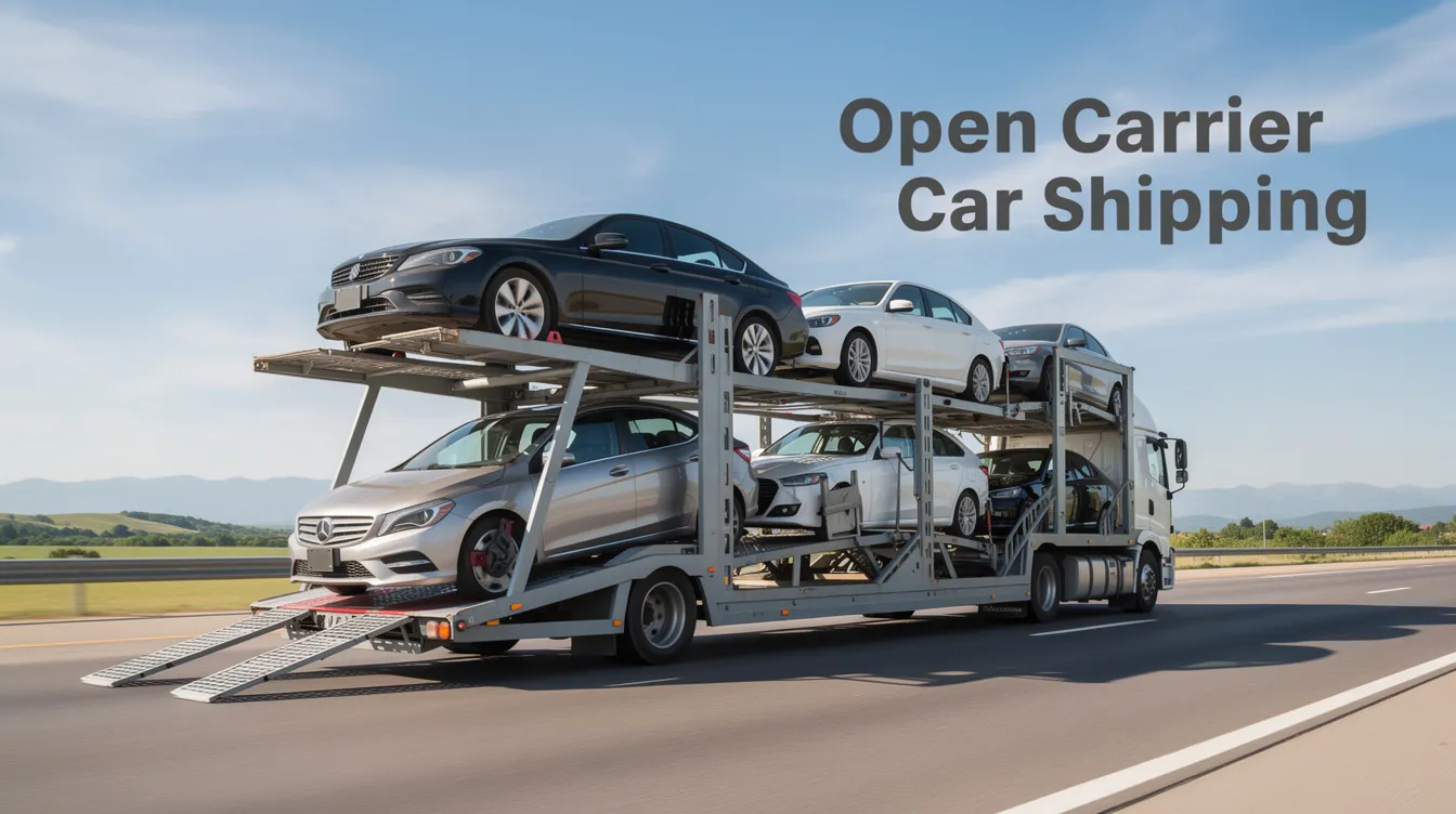 The image depicts an open carrier truck loaded with several vehicles, showcasing the common car shipping method known as open auto transport. The cars are exposed to the elements, highlighting the efficient and cost-effective solution for transporting multiple vehicles over long distances.