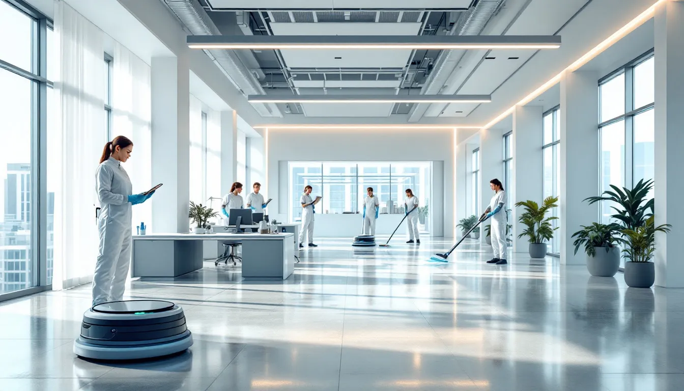 An office space being deep cleaned by professional cleaners.