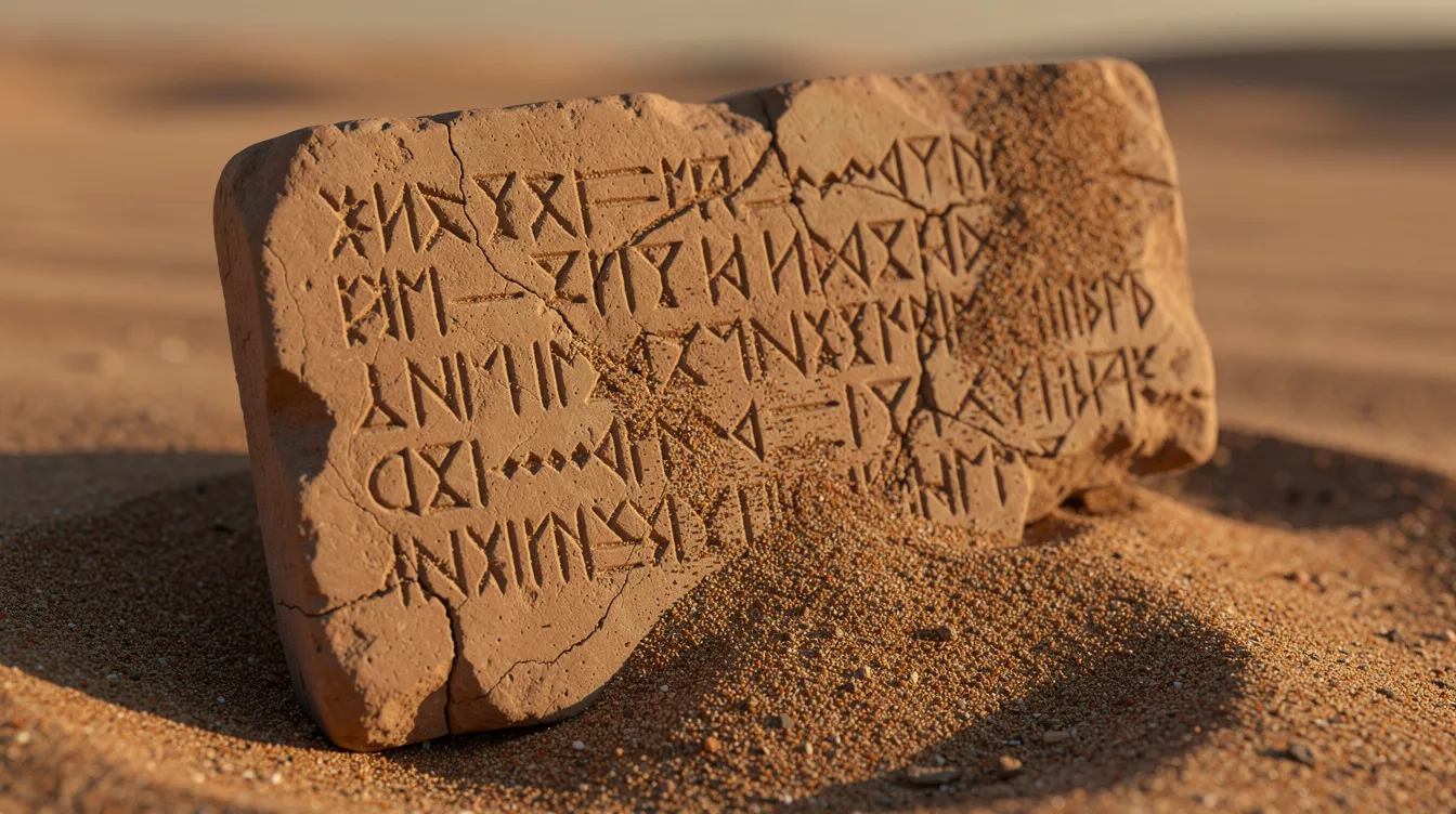A close-up view of an ancient clay cuneiform tablet resting on sand reveals its intricate inscriptions, reflecting the historical context of early writing and communication in ancient societies. This artifact serves as a significant example of the language and culture of a specific time period, helping us understand the past and its influence on modern civilization.
