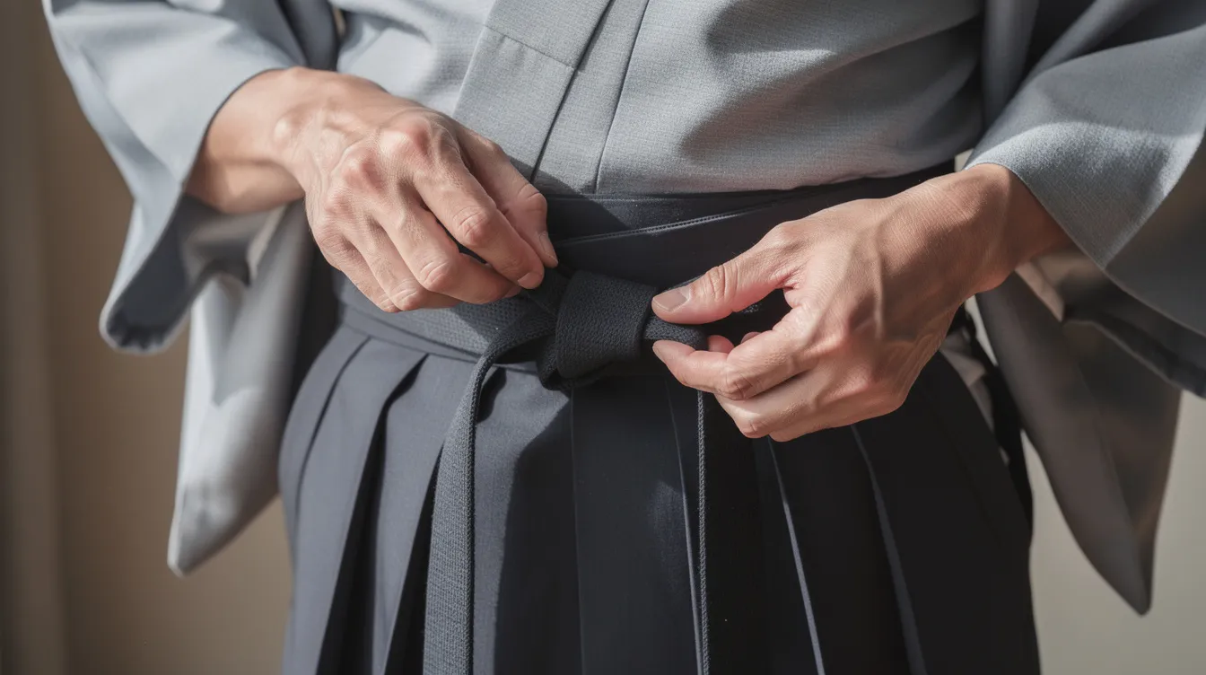 A man's hands are skillfully tying the straps of a dark fabric hakama at the front waist area, layered over a grey kimono, showcasing traditional Japanese clothing often worn in martial arts like aikido and iaido. The hakama features pleats and a wide belt, emphasizing its formal and traditional design.