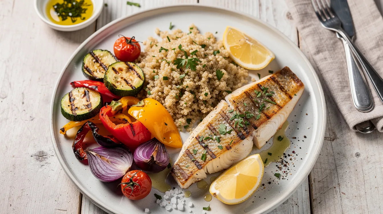 Une assiette colorée de style méditerranéen présente des légumes grillés, un poisson savoureux et du quinoa, idéale pour un régime équilibré. Ce plat peut être bénéfique pour les femmes atteintes du syndrome des ovaires polykystiques (SOPK) cherchant à maintenir leur poids et améliorer leur santé.