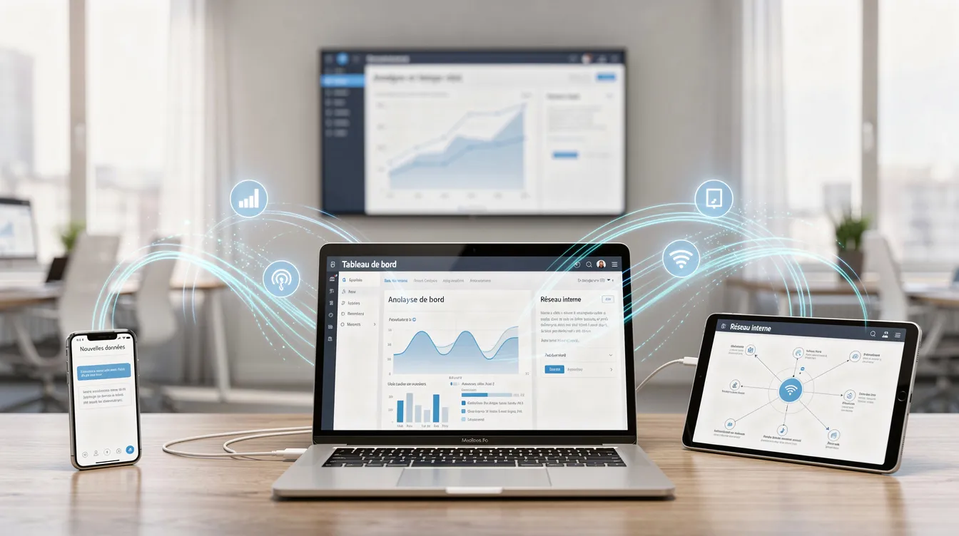 Office with computers and tablets linked by data flows.