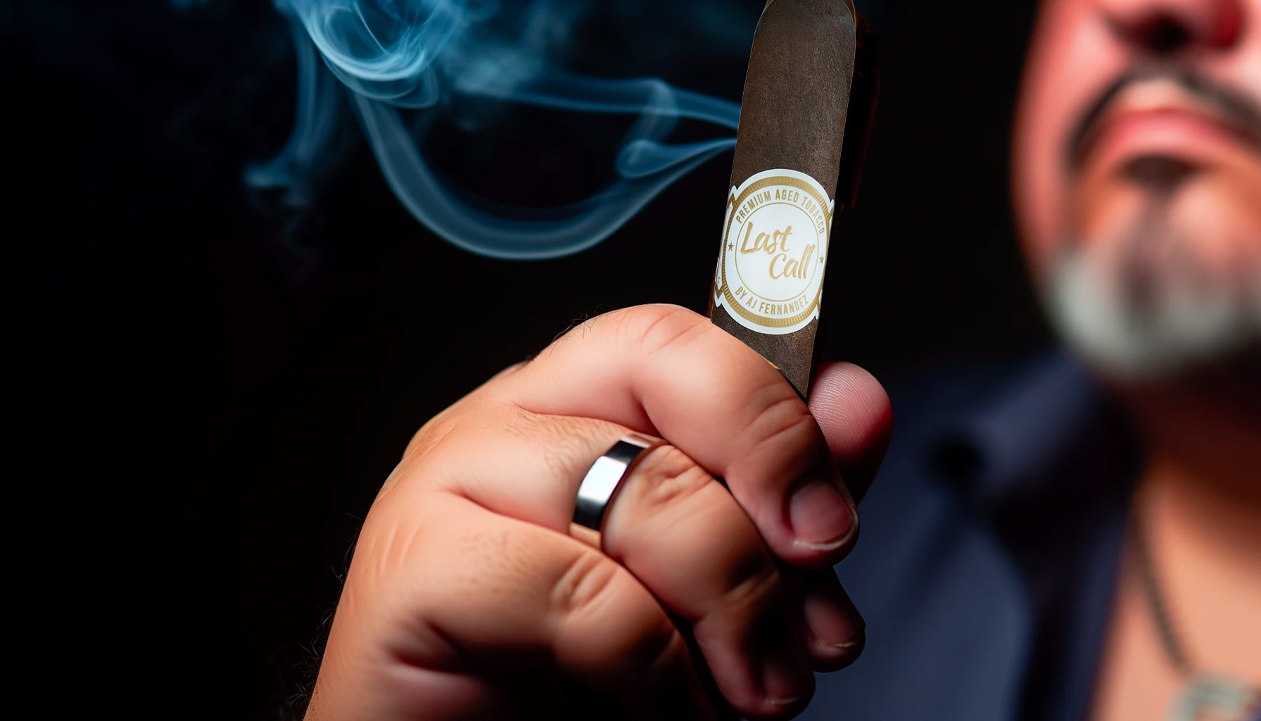 A hand holding a lit cigar with a smoky background