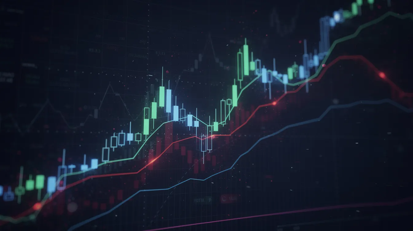 An abstract visualization depicting financial market charts with fluctuating lines against a dark background, representing the dynamic nature of crypto trading and investment strategies. This image highlights the complexity of trading algorithms and market orders within cryptocurrency exchanges.