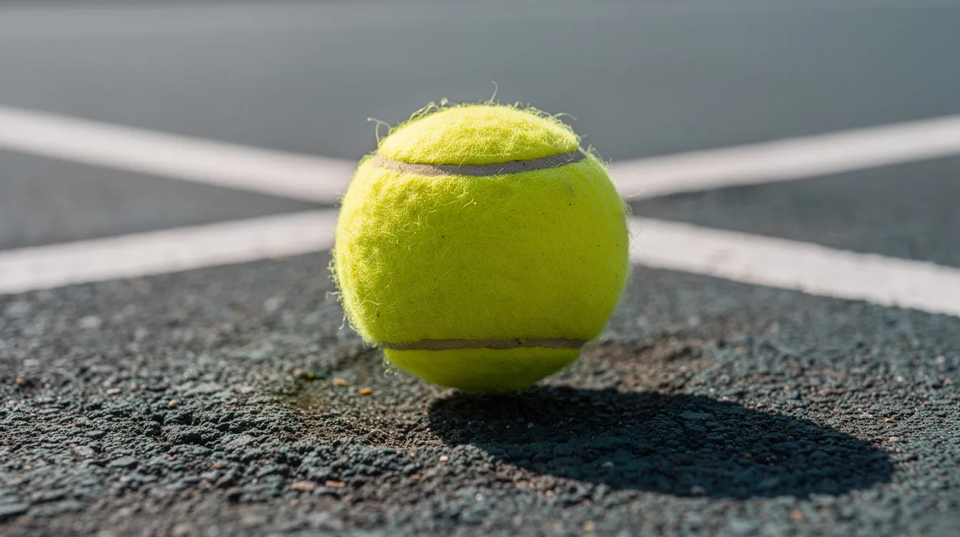 A close-up image captures a yellow tennis ball bouncing on a hard court surface, with clear court lines visible. This dynamic moment highlights the action of a tennis match, where players aim to win points and games as they compete for victory.