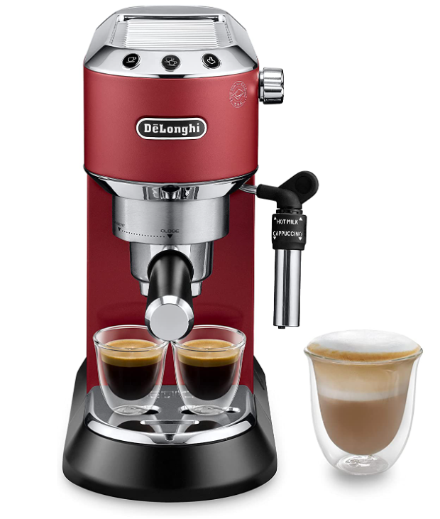 De'Longhi Dedica Coffee Machine, Barista Pump Espresso and Cappuccino Maker, Ground Coffee and ESE Pods can be used, Milk Frother for Latte Macchiato and more