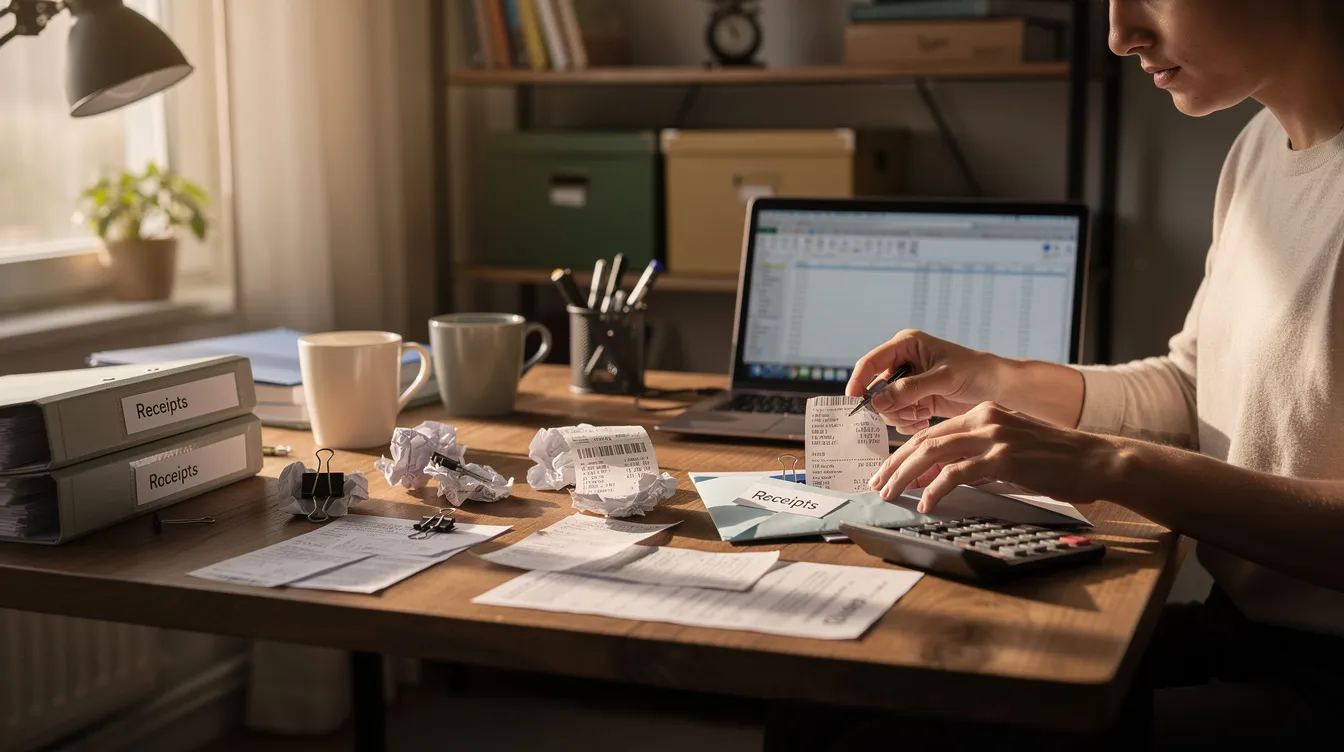 The image depicts a person meticulously organizing various receipts and financial papers on a home desk, highlighting the importance of personal finance management. Among the documents, money order receipts and bills can be seen, suggesting a focus on managing expenses and ensuring enough money in their bank or savings account.