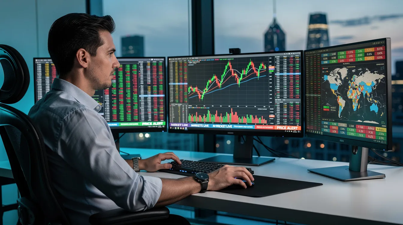 The image depicts a trader seated at a desk, surrounded by multiple monitors displaying intricate financial charts and real-time market data. This setup illustrates the use of advanced trading strategies and tools, essential for analyzing historical data and backtesting trading strategies to enhance performance in the financial markets.