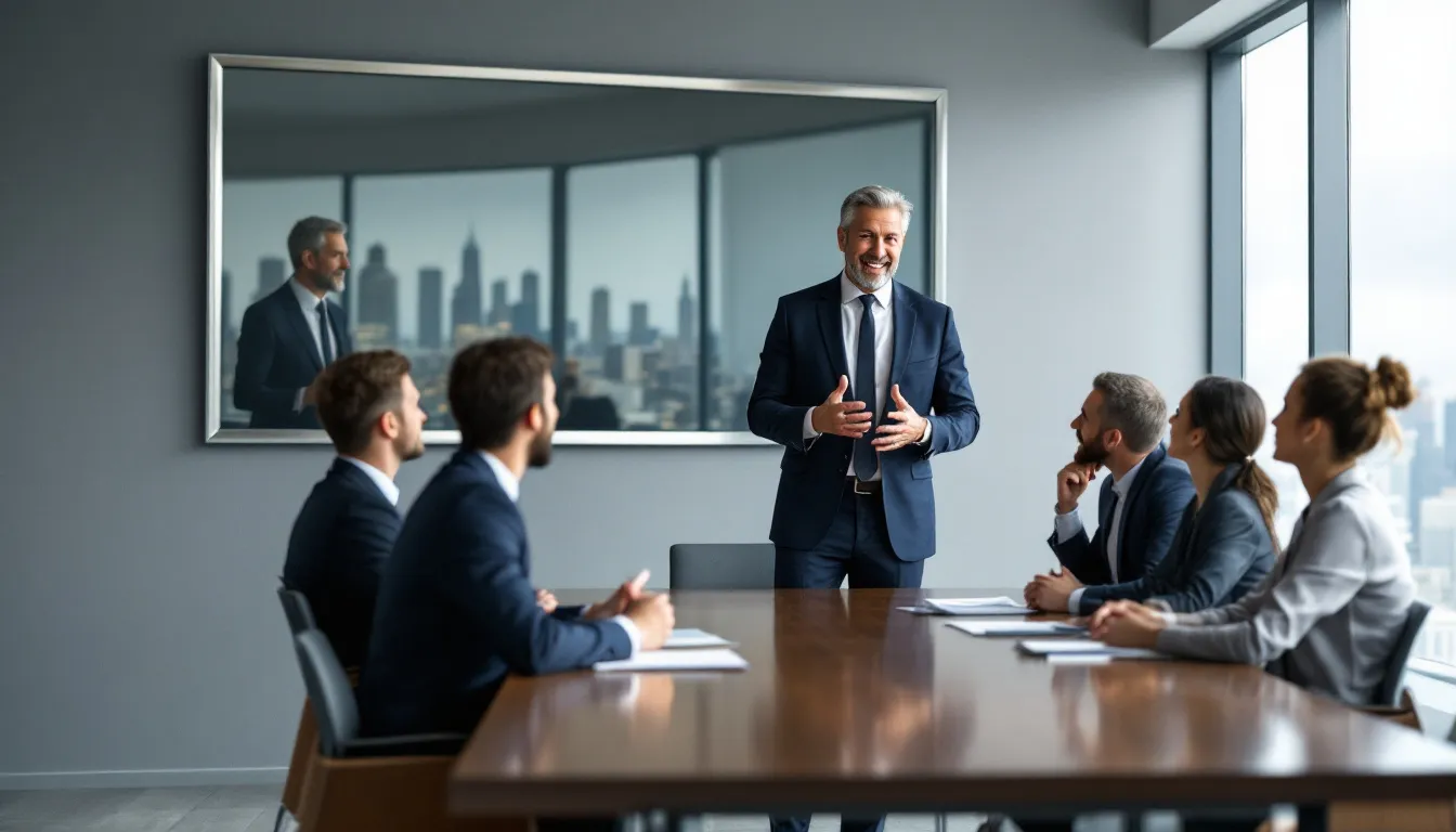 A consultant presenting key services to a business team.