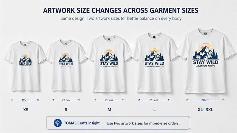 Artwork size comparison across garment sizes to keep print proportions consistent.