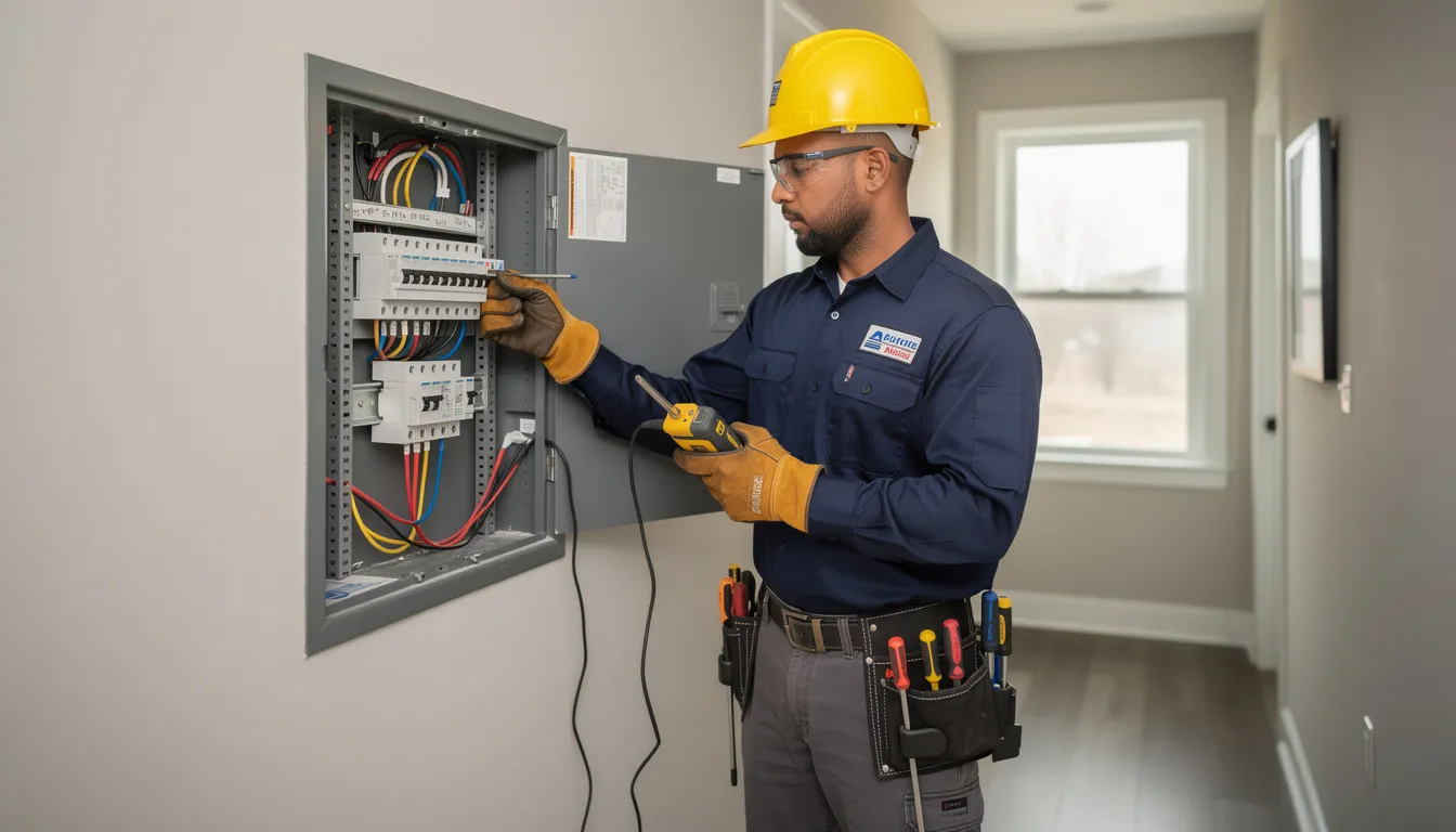 A licensed electrician is working diligently on a residential electrical panel, inspecting and repairing the existing aluminum wiring to ensure it meets safety standards and avoids potential fire hazards. The electrician is focused on maintaining clear communication about the process involved in fixing aluminum wiring and ensuring the electrical system is efficient and safe for the entire house.