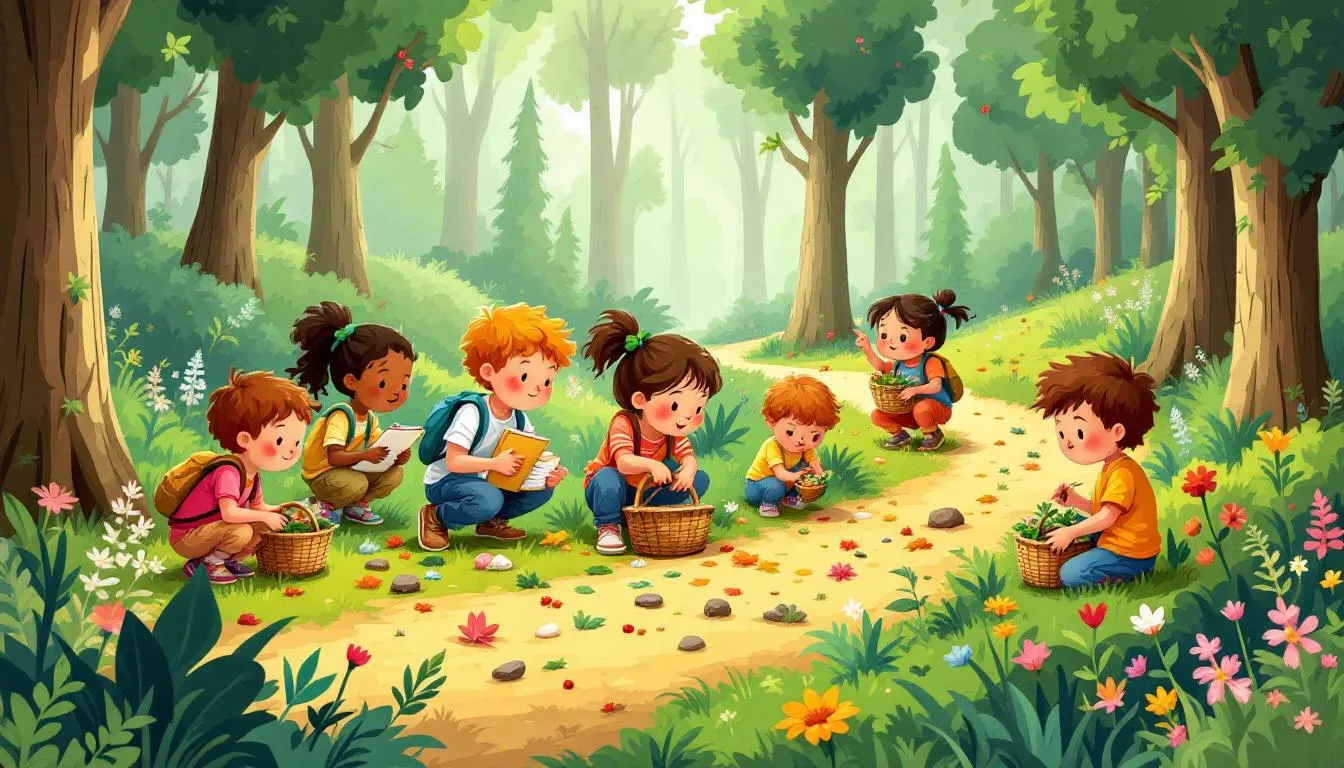 Kids participating in a nature scavenger hunt.