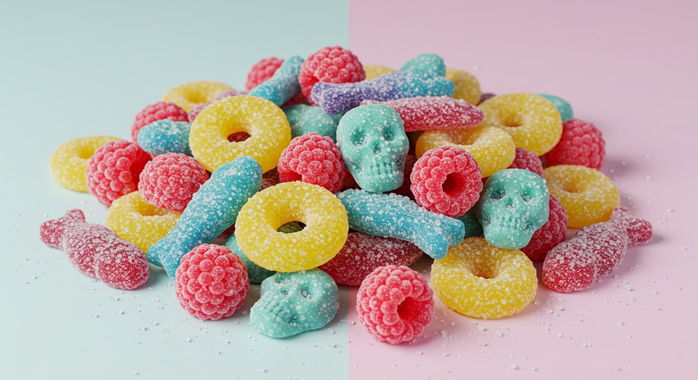 A colorful pile of Swedish sour gummies coated in sugar crystals