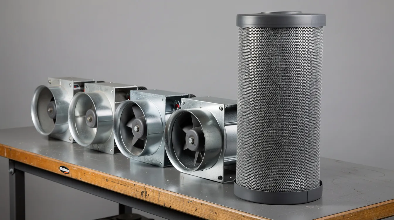 Auf der Arbeitsfläche befinden sich mehrere Inline-Ventilatoren und ein zylindrischer Aktivkohlefilter, die Teil eines kompletten Kits für ein Grow Tent sind. Diese Produkte sind wichtig für die richtige Belüftung und Luftfilterung in einem Zelt, das für das Wachstum von Pflanzen, wie beispielsweise Cannabis, eingerichtet ist.