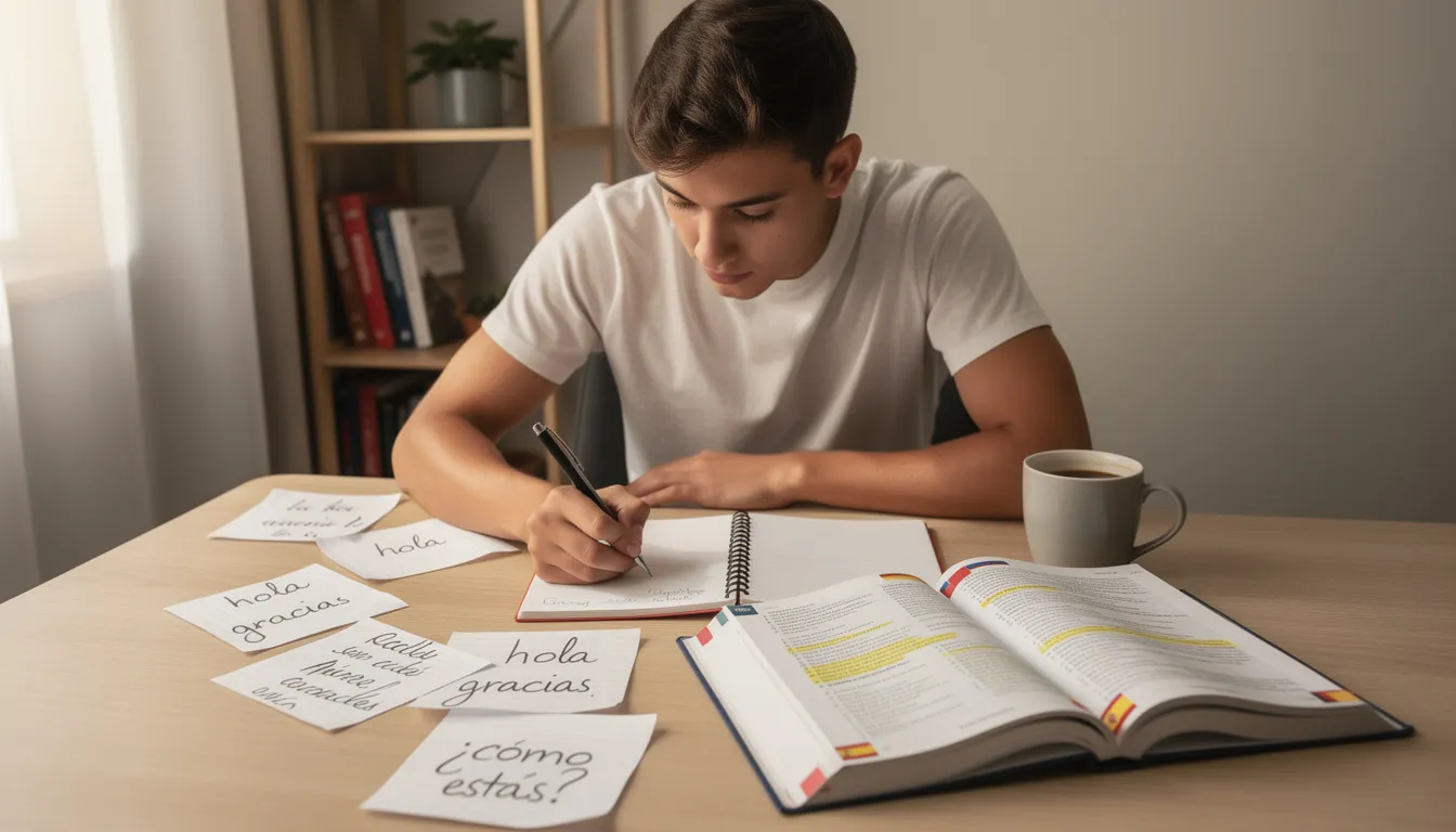 Na obrazku widzimy osobę uczącą się języka hiszpańskiego przy biurku, otoczoną notatkami i podręcznikiem do gramatyki. Osoba ta intensywnie pracuje nad zagadnieniem hiszpańskich zaimków dzierżawczych, takich jak "su" i "nuestro", co sugeruje, że stara się zrozumieć ich zastosowanie w zdaniach.