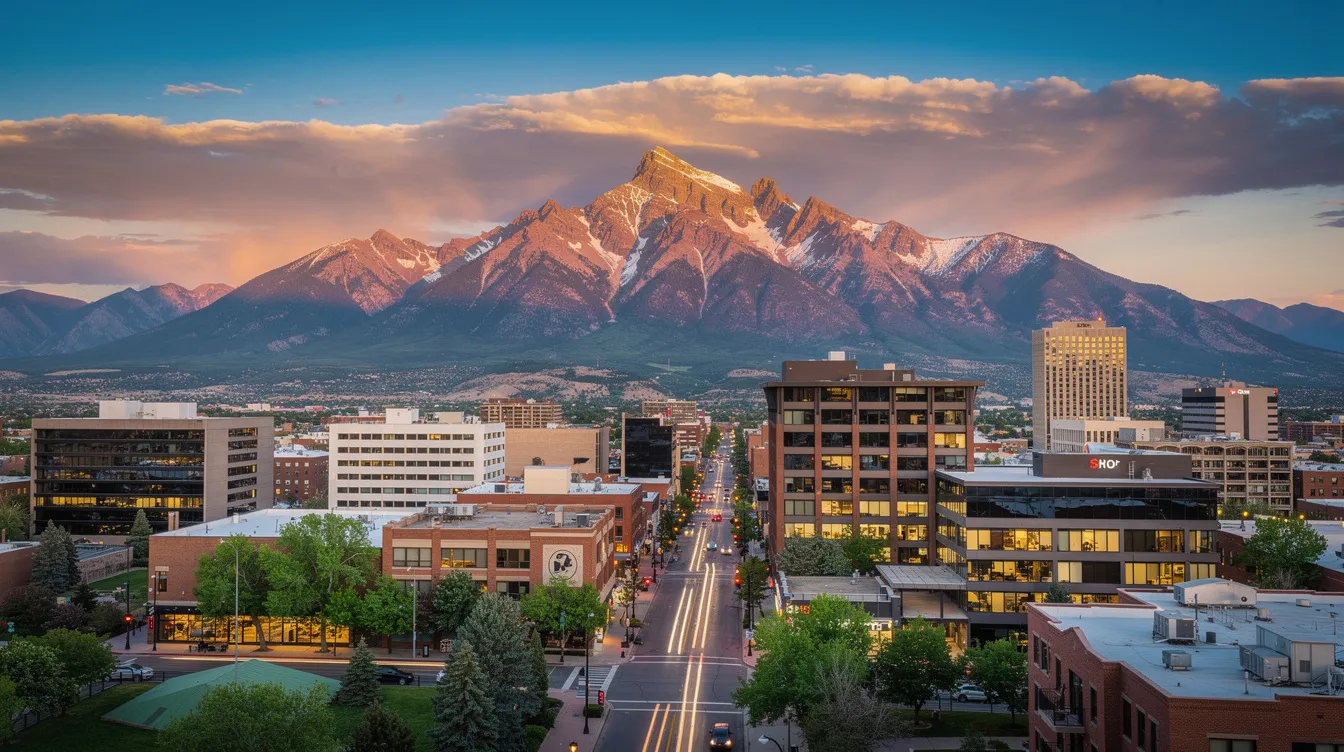 The image depicts a vibrant cityscape of Colorado Springs, with the majestic Pikes Peak mountain prominently rising in the background. This scene highlights the blend of urban life and natural beauty, appealing to real estate investors looking for investment property opportunities in Colorado markets.
