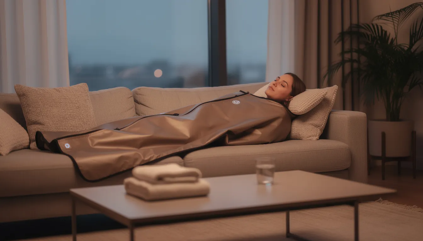 A person is comfortably wrapped in an infrared sauna blanket while sitting on a couch in a modern living room, highlighting the portable sauna experience and the benefits of heat therapy for relaxation and improved cardiovascular health. The cozy setting suggests a convenient way to enjoy sauna sessions at home.