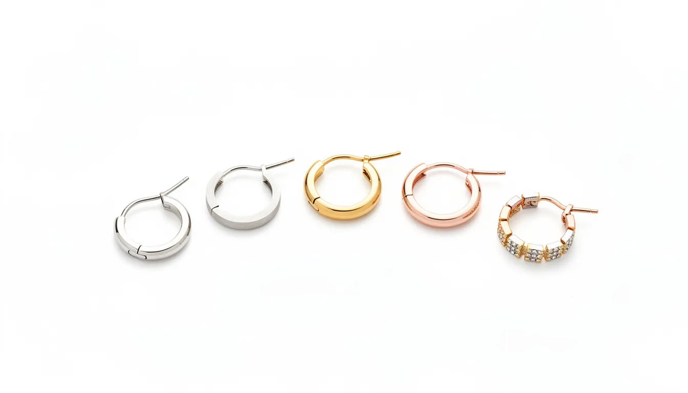 A collection of five different hypoallergenic hoop earrings is displayed on a white background, showcasing a variety of sizes and finishes, including sterling silver, gold, and rose gold. These earrings are designed for sensitive skin, ensuring comfort and style without the worry of irritation or allergic reactions.