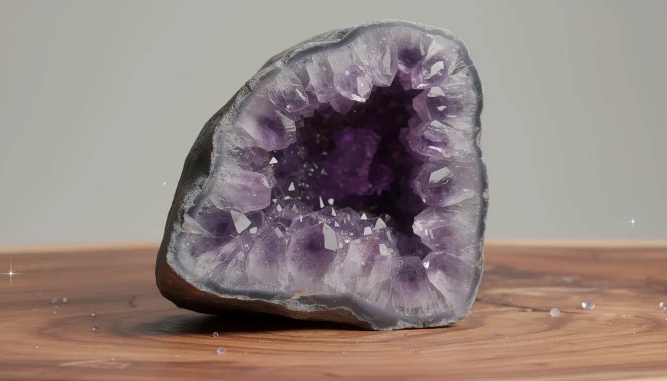 The image features a large purple amethyst geode with a stunning crystalline interior, elegantly displayed on a wooden surface. This natural amethyst, known as the birthstone for February, showcases deep violet hues and intricate formations that highlight its beauty and timeless elegance.