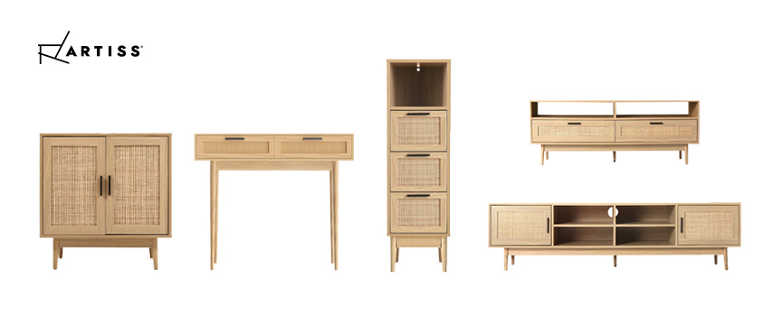 A set of Artiss rattan furniture including sideboard, console table, cabinet and two entertainment units.
