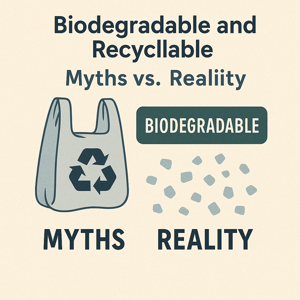 Plastic bag with recycling symbol labeled “Myths” next to scattered plastic fragments labeled “Reality,” illustrating that bags break into microplastics instead of biodegrading.