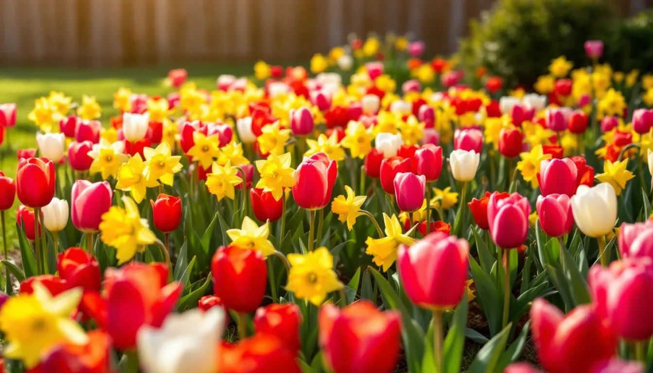 In a vibrant spring garden, beautiful flower blooms of tulips and daffodils create a joyful scene, embodying the essence of nature's beauty and the saying that "earth laughs in flowers." The colorful blossoms stand tall, reminding us of hope and the happiness shared in the presence of flowers.