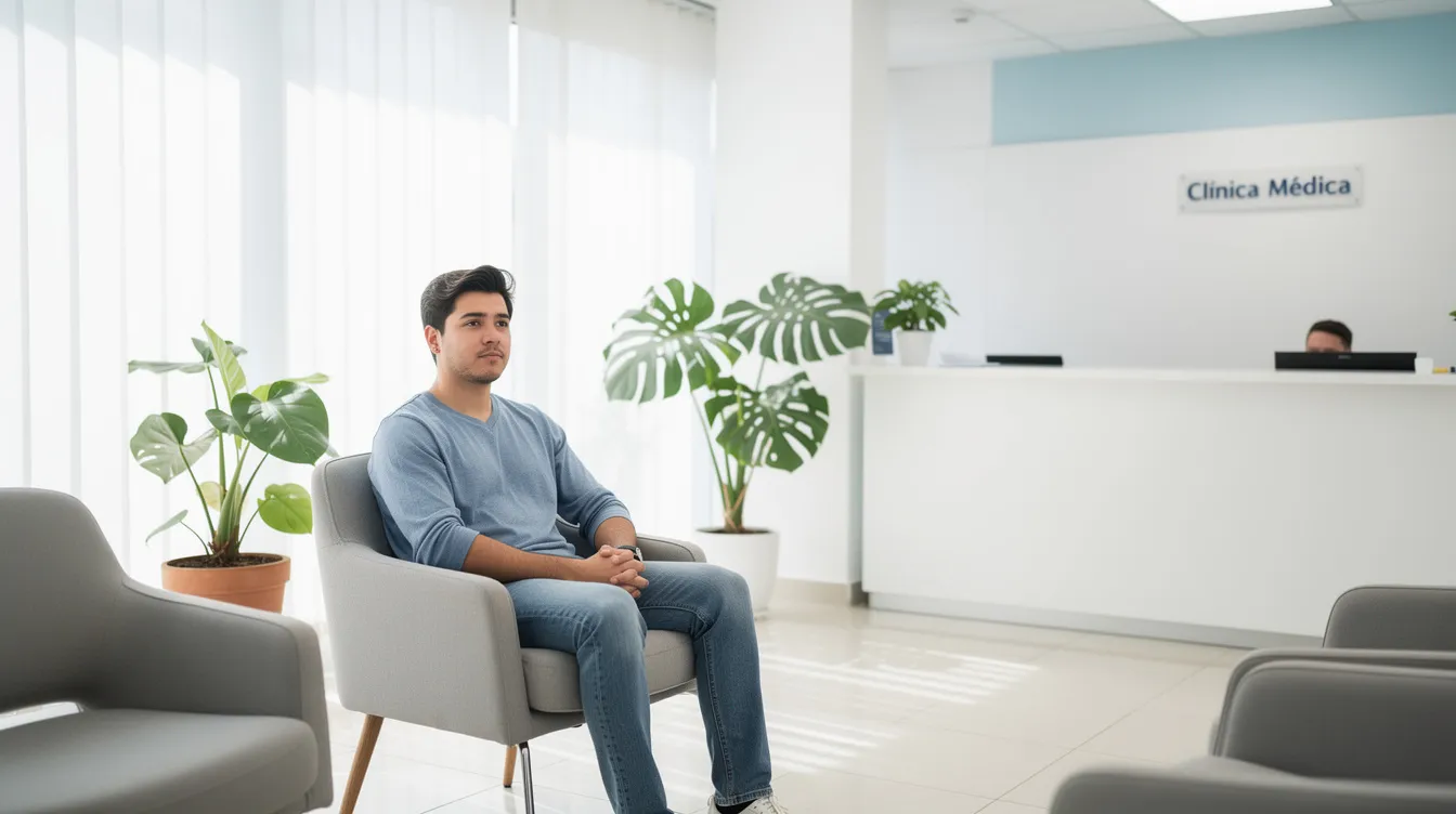 Imagen de un hombre joven sentado en una sala de espera de una clínica médica moderna y luminosa, donde se realizan procedimientos como la cirugía de ginecomastia. El ambiente es acogedor y está diseñado para que los pacientes se sientan cómodos mientras esperan su consulta.