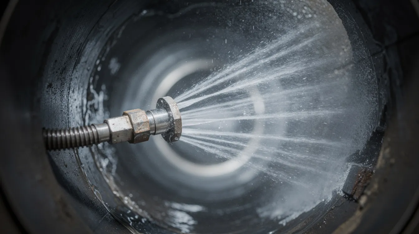 Das Bild zeigt eine Nahaufnahme einer Hochdruck-Wasserstrahldüse, die verwendet wird, um das Innere eines Abflussrohrs zu reinigen. Diese Methode ist effektiv zur Beseitigung von Rohrverstopfungen und Ablagerungen, die häufig in Küchen- und Badezimmerabflüssen auftreten.