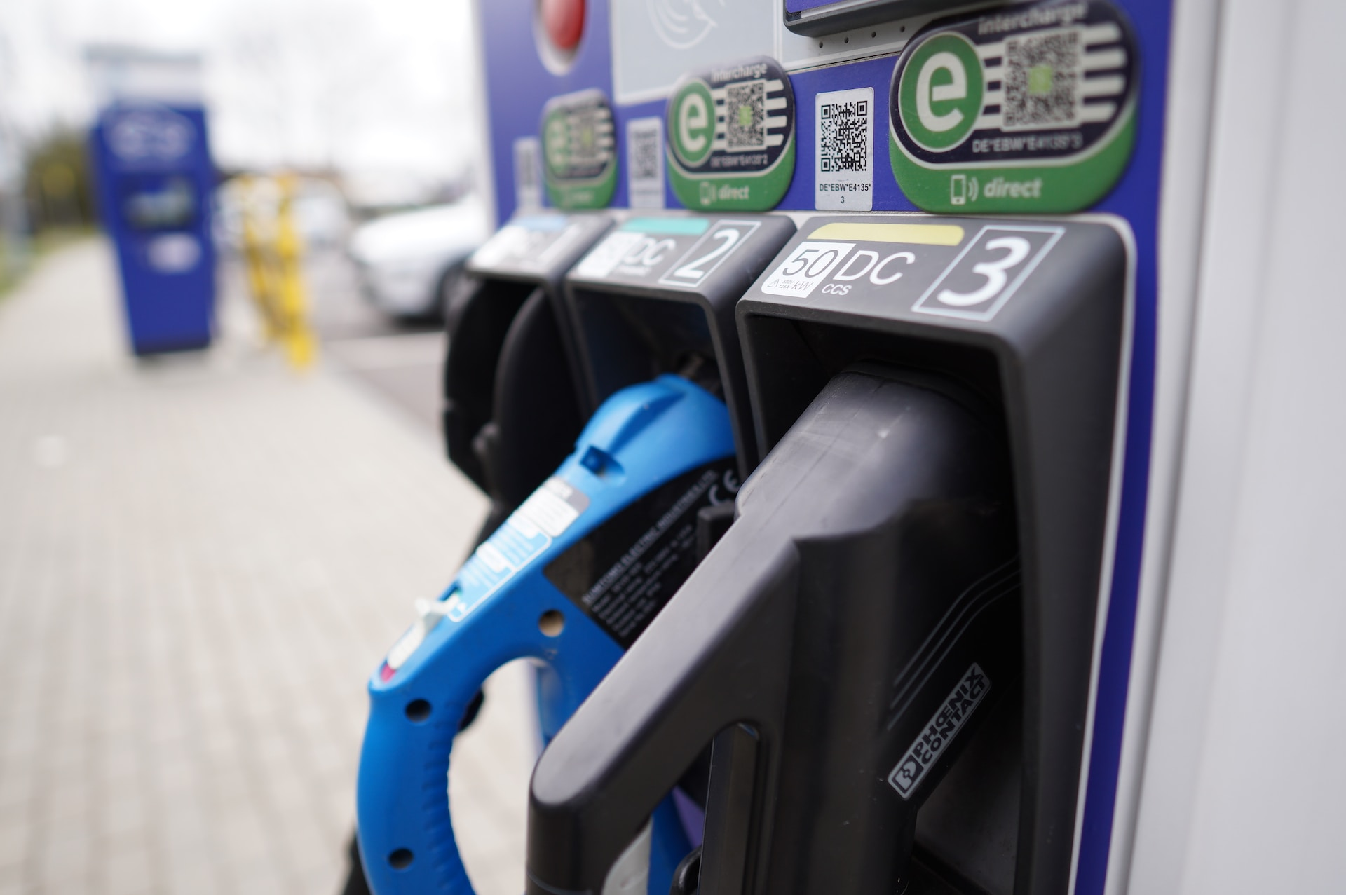 EV plugs arranged to look similar to a gas station. 