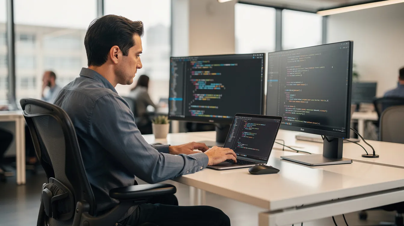 A developer is focused on their laptop in a modern office, with lines of code visible on the screen, likely related to a WordPress installation. The environment suggests a tech-savvy workspace, possibly involving configuration of the wp config.php file or managing database tables for a WordPress website.