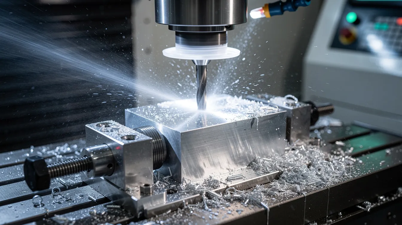 The image depicts a CNC milling machine actively cutting through an aluminum block, with a rotating end mill and coolant spray visibly surrounding the cutting tool. This scene illustrates the precision CNC machining process, highlighting the advanced technology and techniques used in modern computer-aided manufacturing.