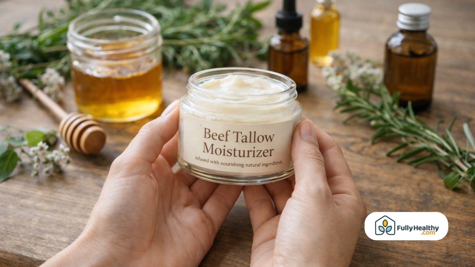 Hands holding beef tallow moisturizer jar with natural ingredients on wooden table