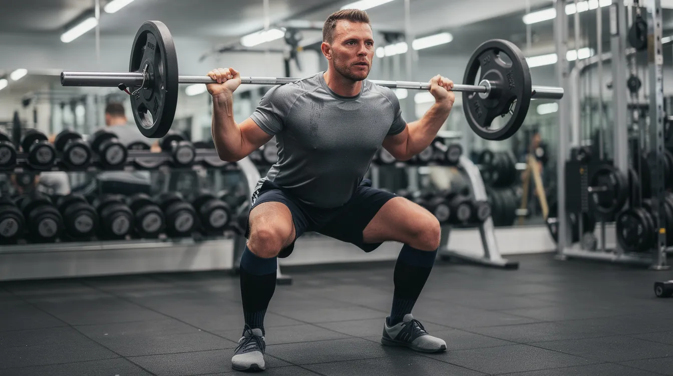 A man in his mid-30s is performing a barbell squat in a bright gym, showcasing his focus and determination to build muscle strength and support healthy testosterone levels. His exercise routine emphasizes physical performance and muscle growth, contributing to overall well-being and energy levels.