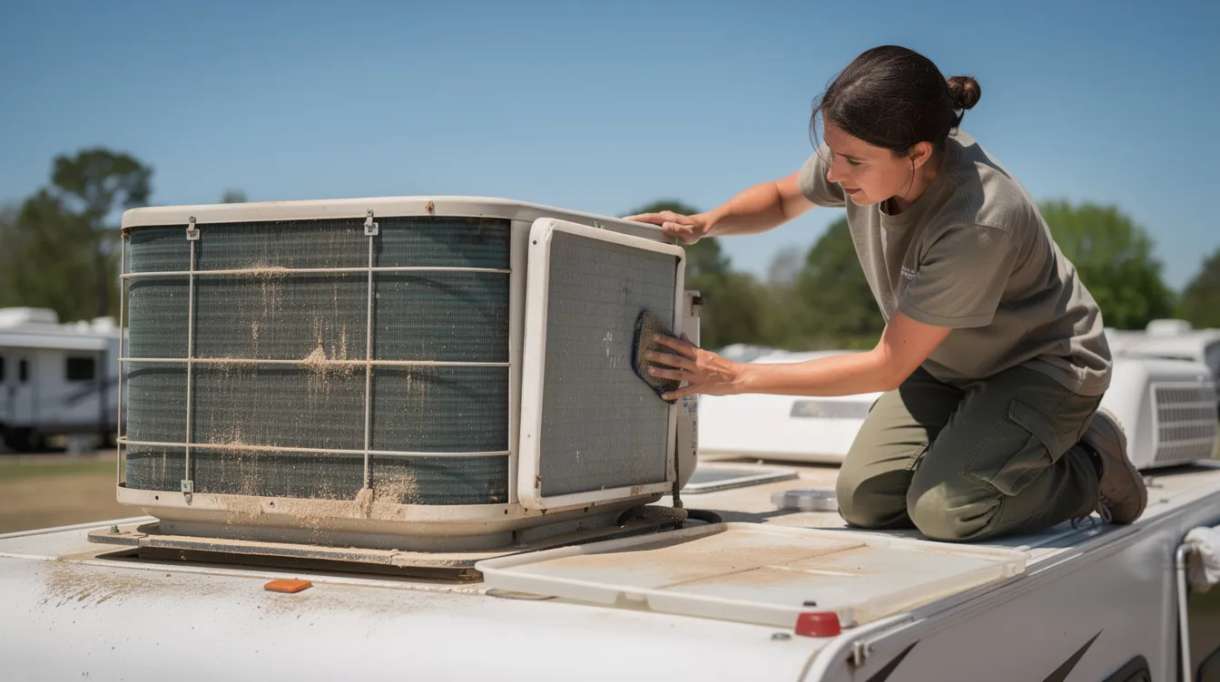 A person is cleaning the filter of an RV air conditioner unit located on the roof of a camper, ensuring optimal performance for cooling in warmer climates. The action highlights the importance of maintenance for efficient operation and comfort while traveling in an RV.