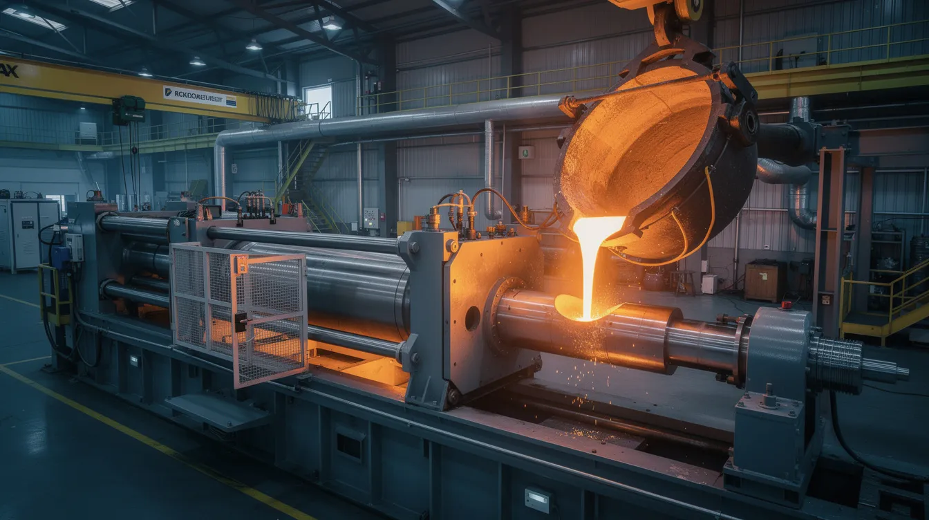 The image depicts a large industrial die casting machine engaged in the die casting process, with molten aluminum being poured into the shot sleeve. This high pressure die casting setup highlights the advanced technology used in producing high-quality aluminum die cast parts for various applications.