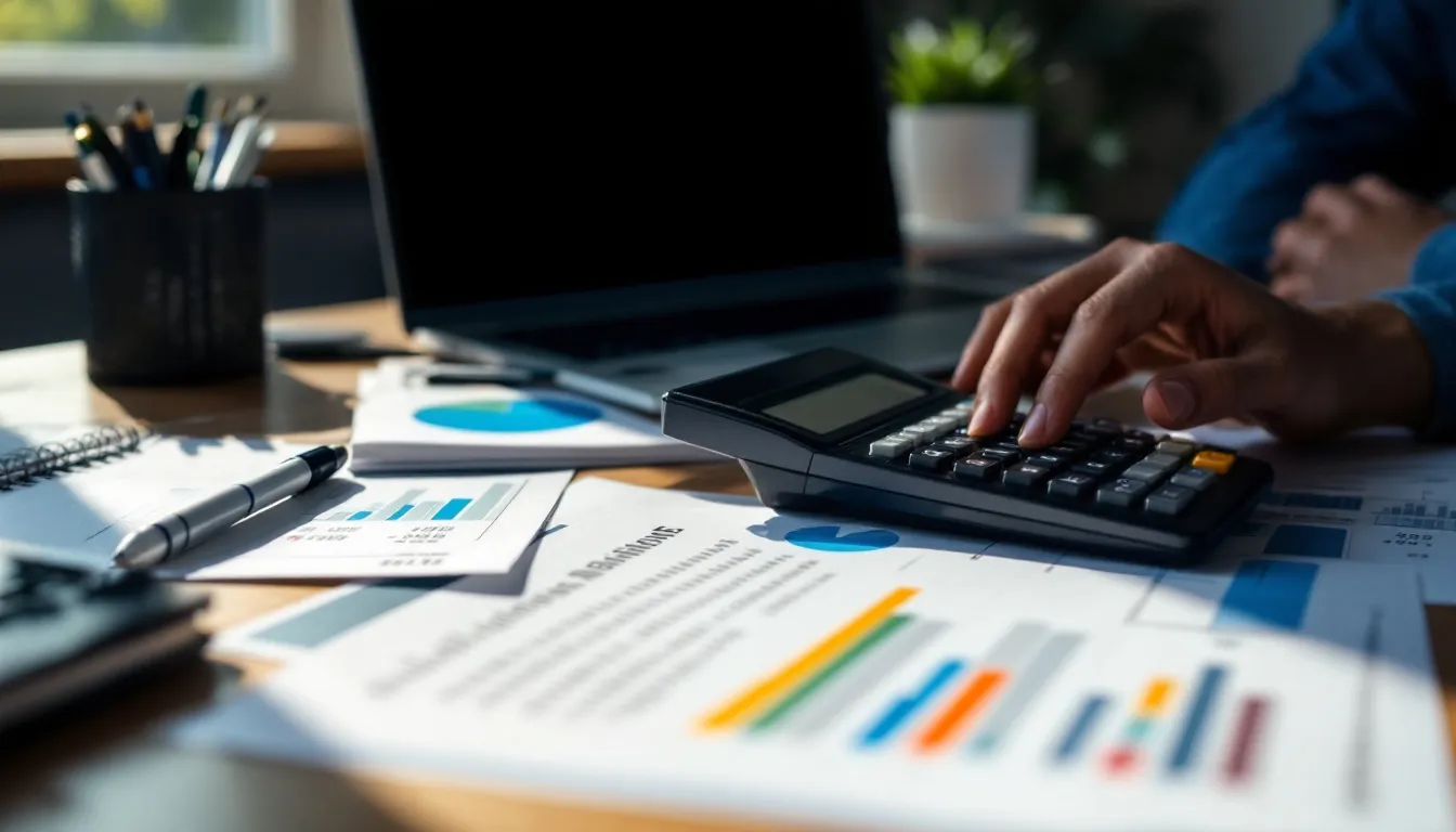 Uma calculadora e documentos financeiros estão dispostos sobre uma mesa de escritório, exibindo planilhas de custos que podem ajudar no planejamento financeiro e patrimonial, especialmente na criação de uma holding familiar. Os papéis refletem a organização e gestão de bens, essenciais para a proteção patrimonial e o planejamento sucessório das famílias.