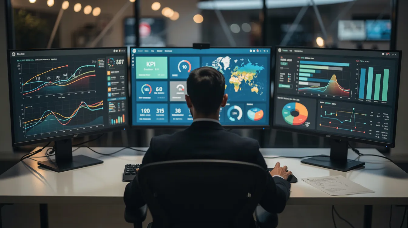 A person is sitting at a desk, engaged in work with three computer monitors in front of them, each displaying vibrant and colorful dashboards filled with data from multiple companies. The scene suggests a busy, tech-savvy environment where the individual is likely analyzing information and making decisions, reflecting the intersection of AI and business.