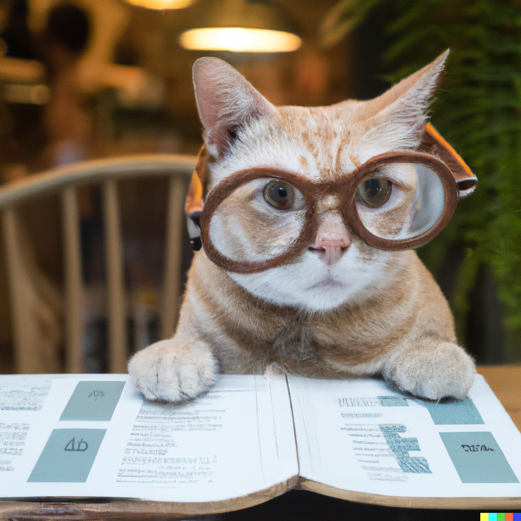 A cat in glasses reading at a coffee shop
