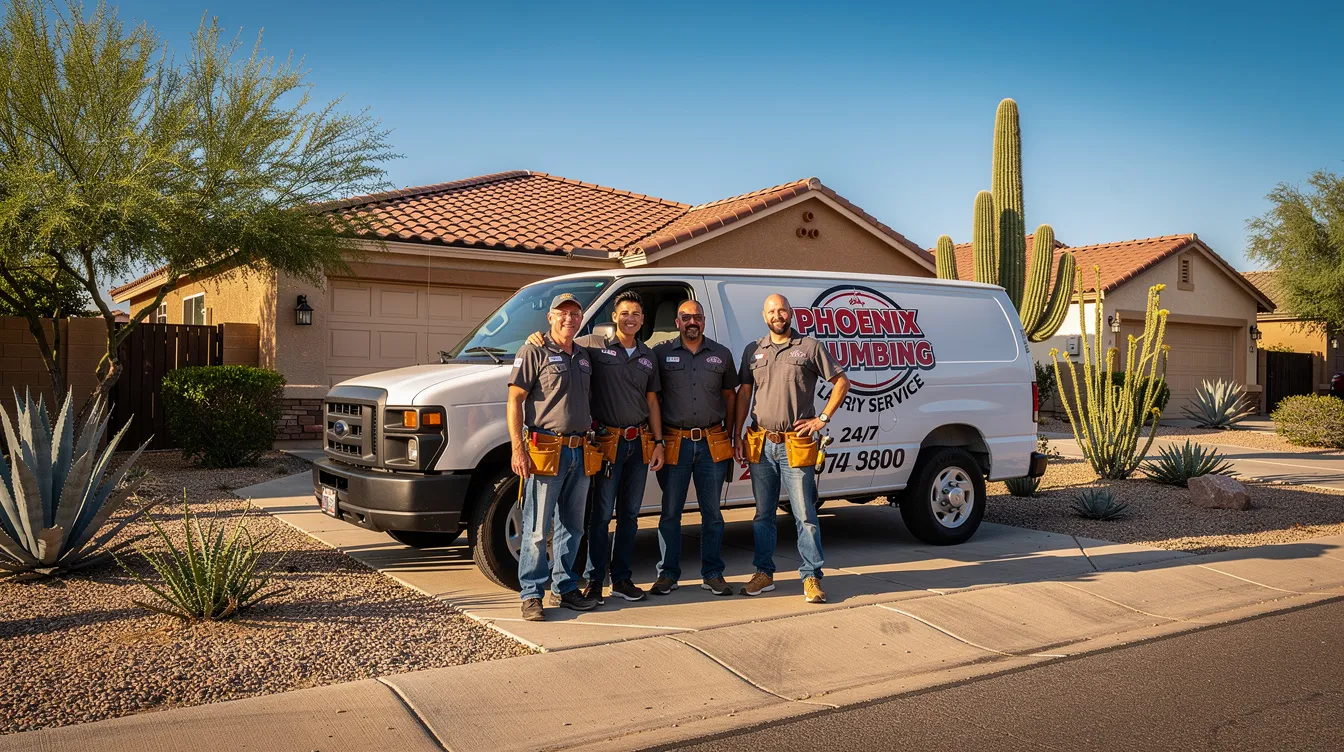 A team of professional plumbers stands beside their branded service van in a sunny residential neighborhood in Phoenix, showcasing their reliable plumbing services. With clear blue skies and desert landscaping, they are ready to assist homeowners with various plumbing issues, from drain cleaning to water heater installation.