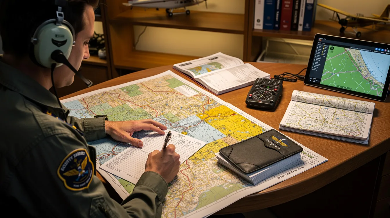 A private pilot is seated at a desk, intently reviewing sectional charts and various flight planning materials, including an ACS study guide. The organized workspace is filled with documents and resources to enhance the pilot's knowledge and prepare for practical tests and checkrides.