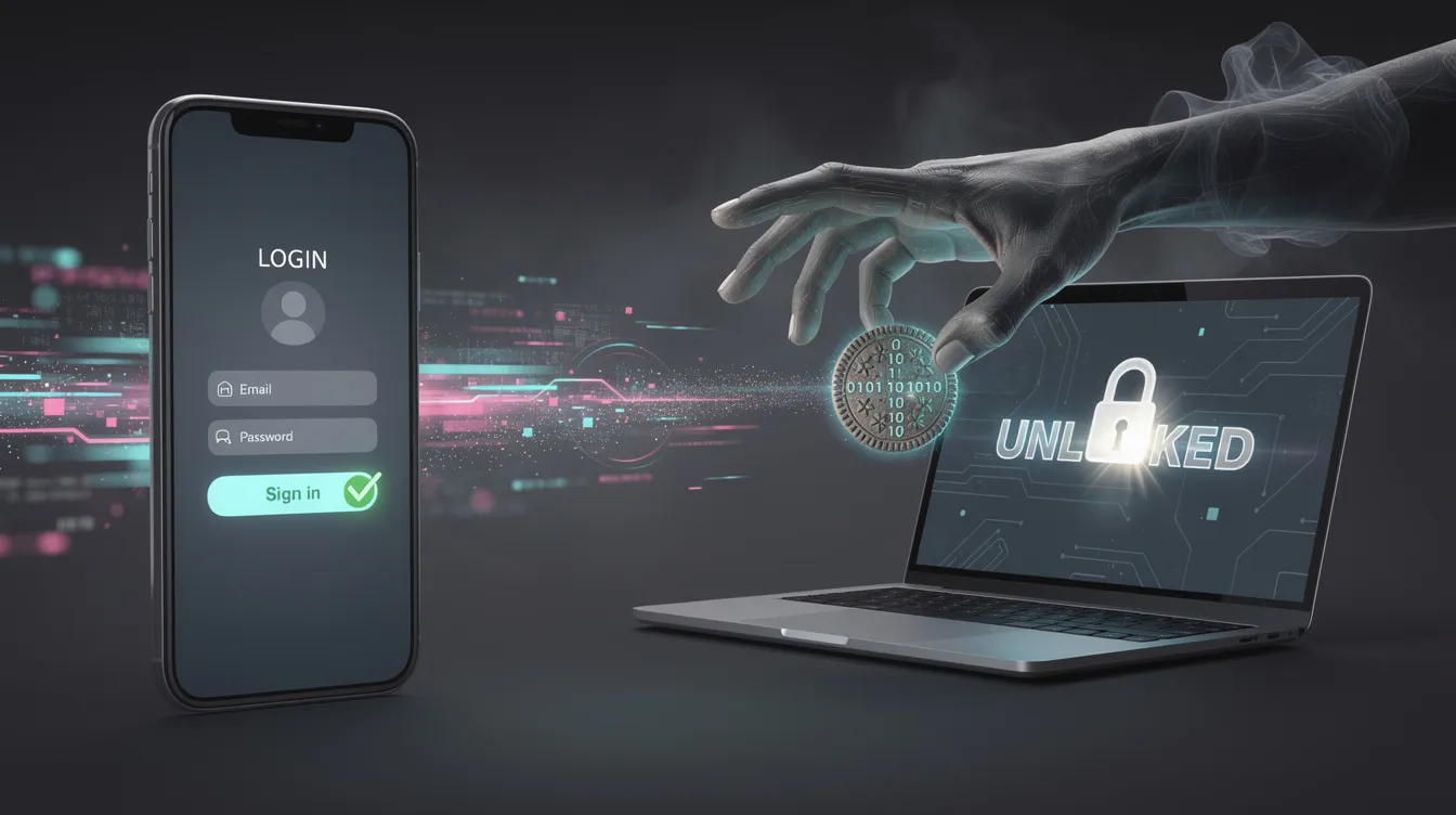 The image depicts a surreal scene where a sleek smartphone on the left shows a legitimate login screen with a glowing checkmark, while a small glowing 'cookie' icon floats from the phone. A dark, smoky arm from the right intercepts this cookie, placing it into a laptop screen that unlocks instantly, set against a backdrop of blurred glowing data packets, symbolizing the complexities of multi-factor authentication and the potential for MFA bypass attacks.