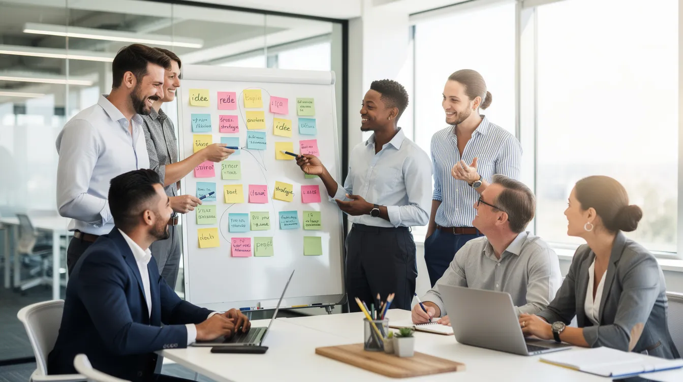 Une équipe de professionnels souriants collabore autour d'un tableau blanc, rempli de post-it colorés, dans un espace lumineux, illustrant le travail collaboratif et le développement de l'intelligence collective. Cette image reflète l'importance du coaching d'équipe pour atteindre des objectifs communs et favoriser la cohésion au sein de l'entreprise.