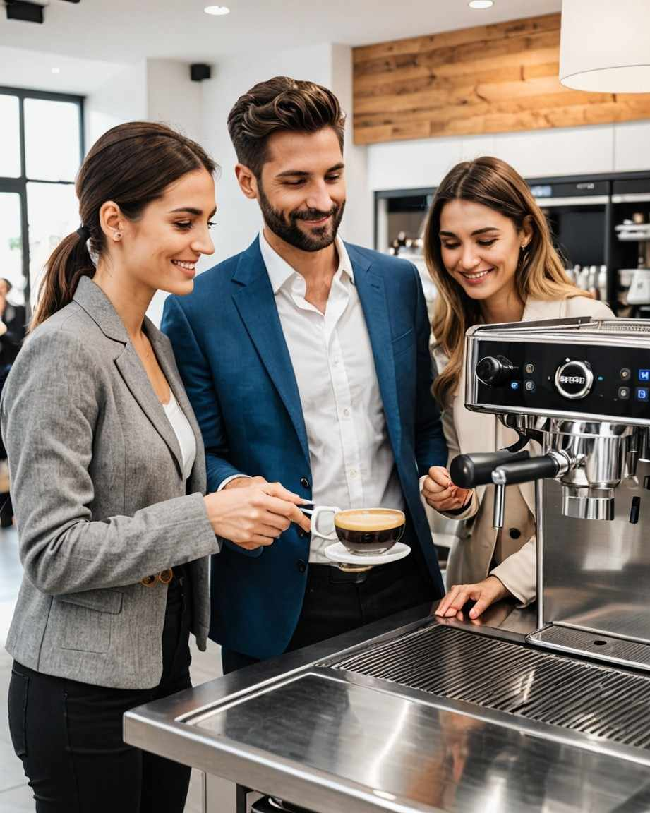 Couple in store checking out an espresso machine with saleswoman