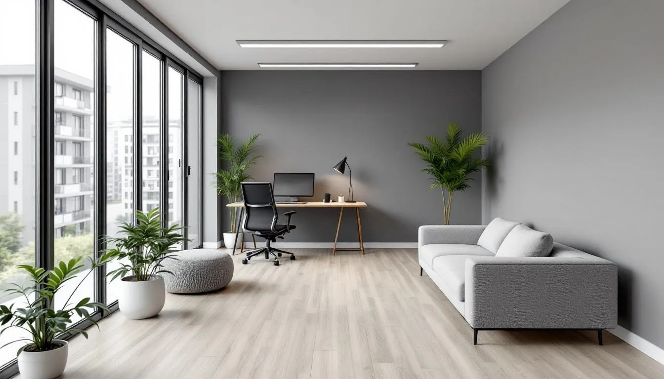 The image depicts a modern condominium office space featuring sleek furniture and large windows that provide ample natural light. This professional environment is ideal for small business owners looking to optimize their rental income through effective self rental strategies and tax planning.