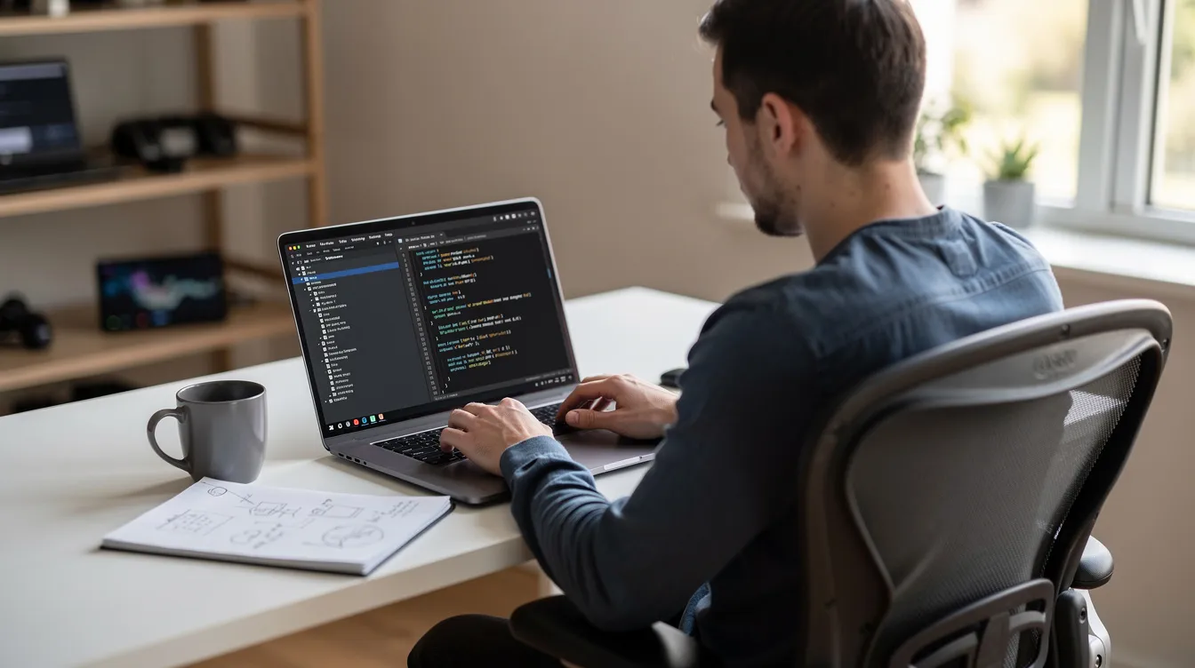 A laptop showing a terminal window next to a code editor