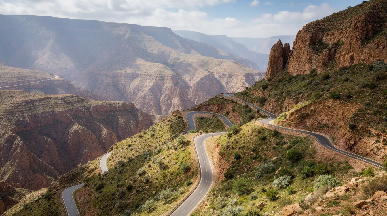 Una carretera de montaña serpenteante atraviesa el paisaje verde y rocoso del Atlas marroquí, ofreciendo una vista impresionante que invita a los viajeros a explorar Marruecos. Este entorno natural es ideal para alquilar un coche en Marrakech y disfrutar de la libertad de descubrir las bellezas del país.