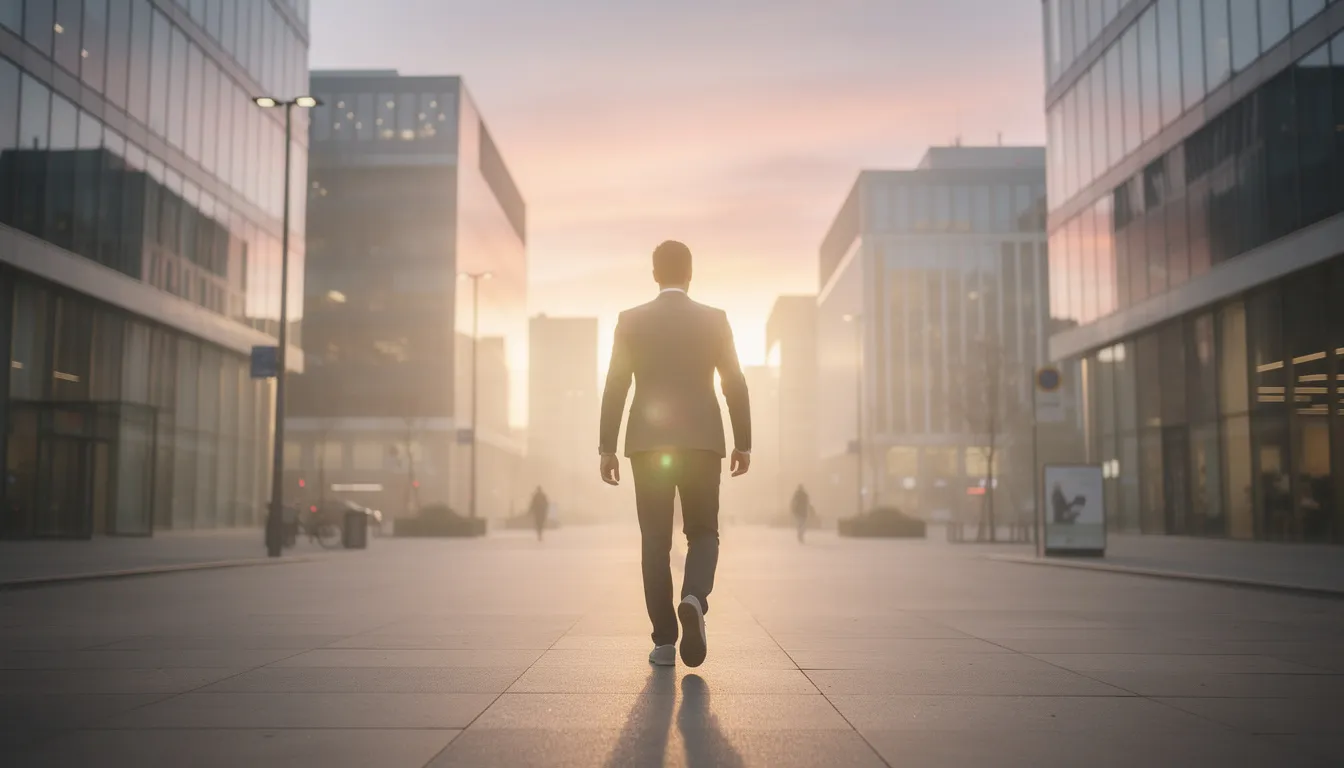 A confident individual walks through a modern city at sunrise, representing new beginnings and hope in their recovery journey from substance use disorder. This scene symbolizes the importance of seeking treatment and the potential for a fresh start in mental health and addiction recovery.