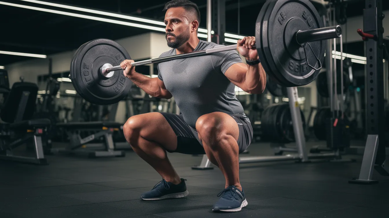 The image depicts a muscular man performing a barbell squat in a well-lit gym, showcasing his dedication to muscle building and fitness. This scene emphasizes the importance of effective workouts for maximum muscle growth and overall health.